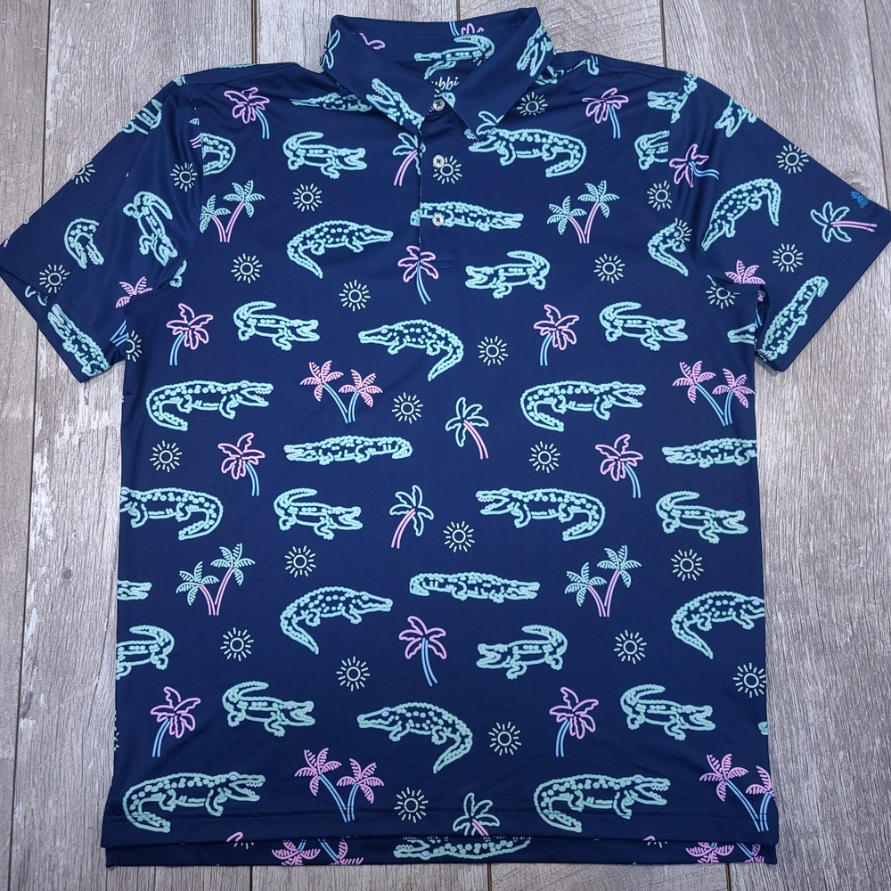 Chubbies Polo Shirt Mens XL Navy Blue Neon Alligator Palm Tree Performance Golf